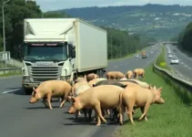caminhão carregado com 200 porcos